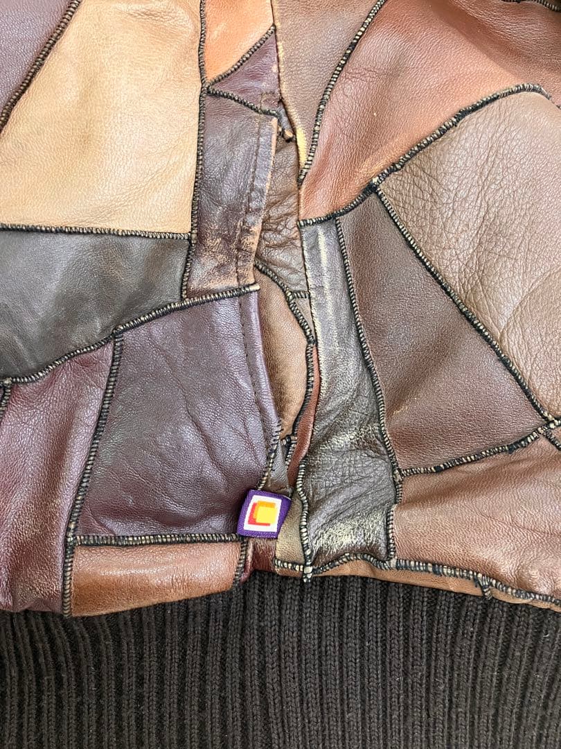 Y2K パッチワーク レザー ジャケット ブラウン 古着 裏地ファー