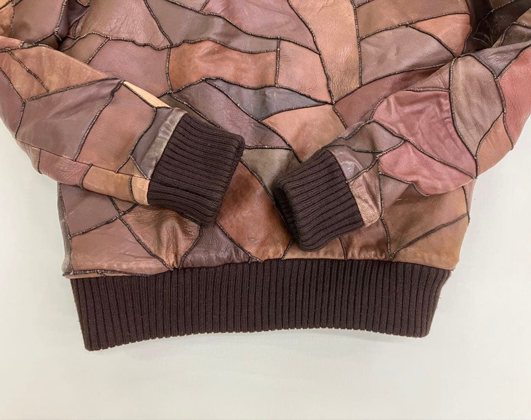 Y2K パッチワーク レザー ジャケット ブラウン 古着 裏地ファー
