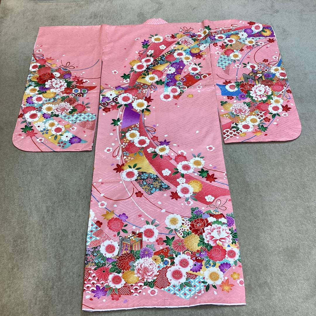 七五三 753 着物 七歳 正絹四つ身着物 ピンク地友禅柄 新品 k4140