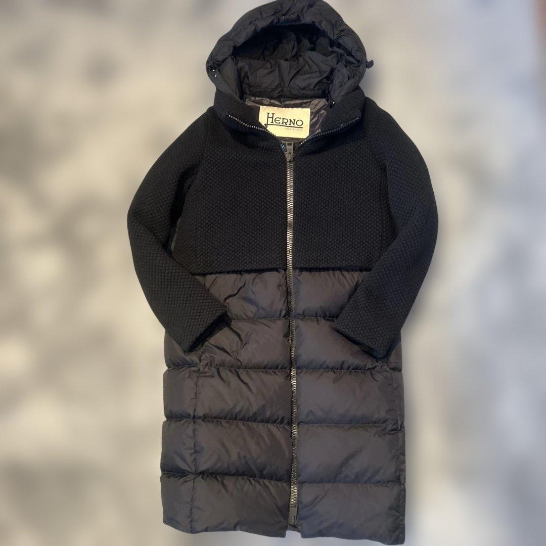 HERNO ダウンコートロング　ウール切替40黒