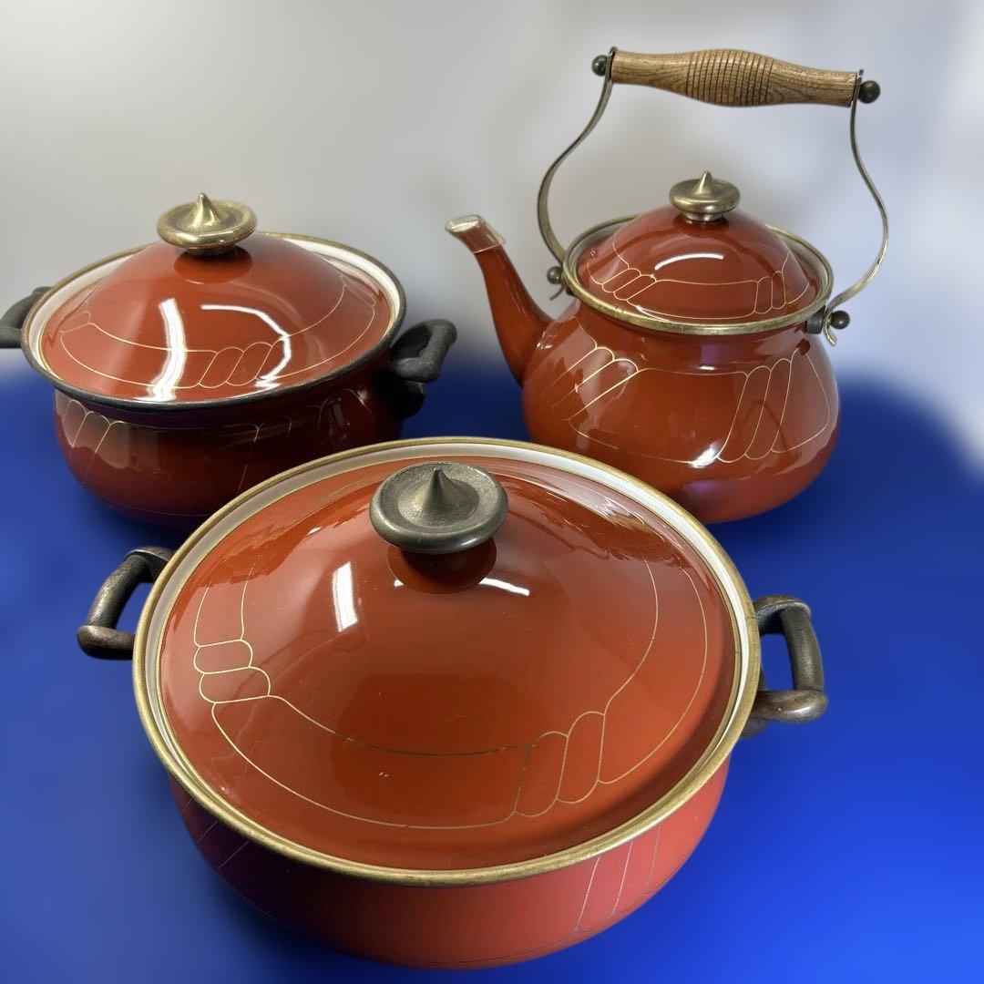赤いセラミック鍋セット 2鍋1ケトル ヴィンテージの鍋