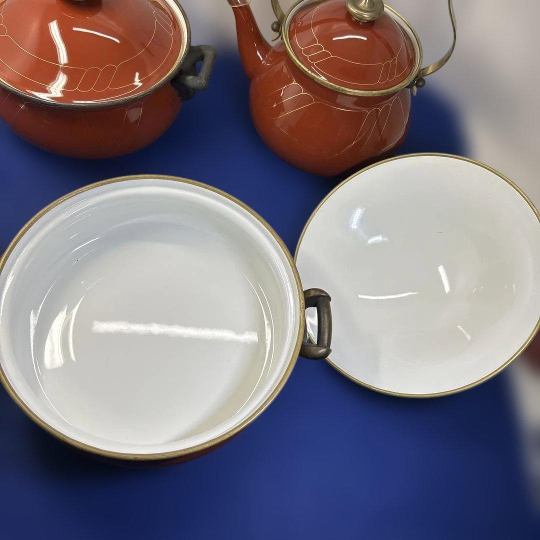 赤いセラミック鍋セット 2鍋1ケトル ヴィンテージの鍋