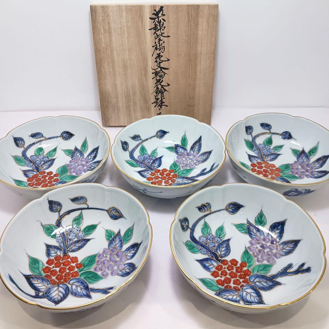 Y3311-3 大明年製 染錦紫陽花文輪花絵鉢 5枚セット 共箱