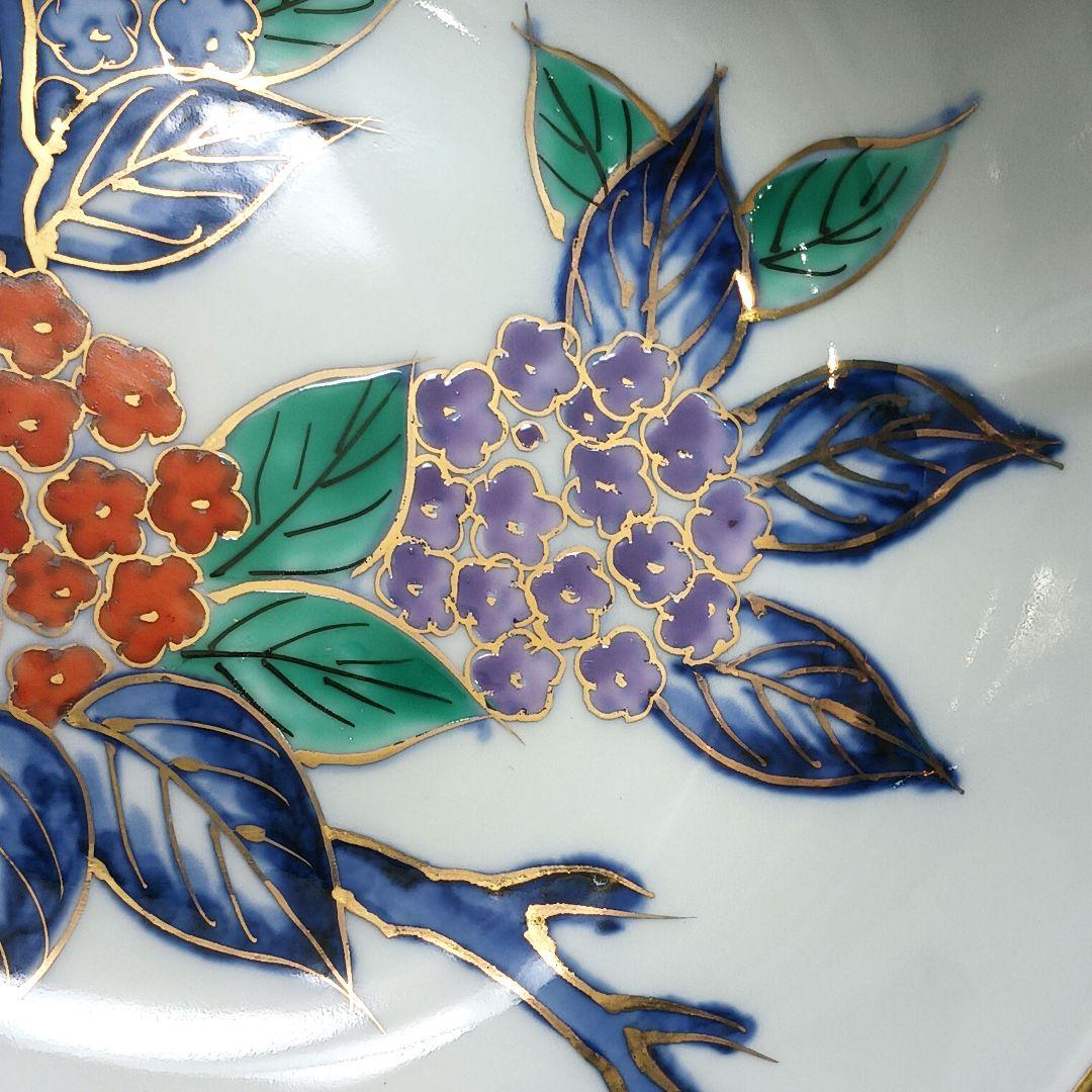 Y3311-3 大明年製 染錦紫陽花文輪花絵鉢 5枚セット 共箱