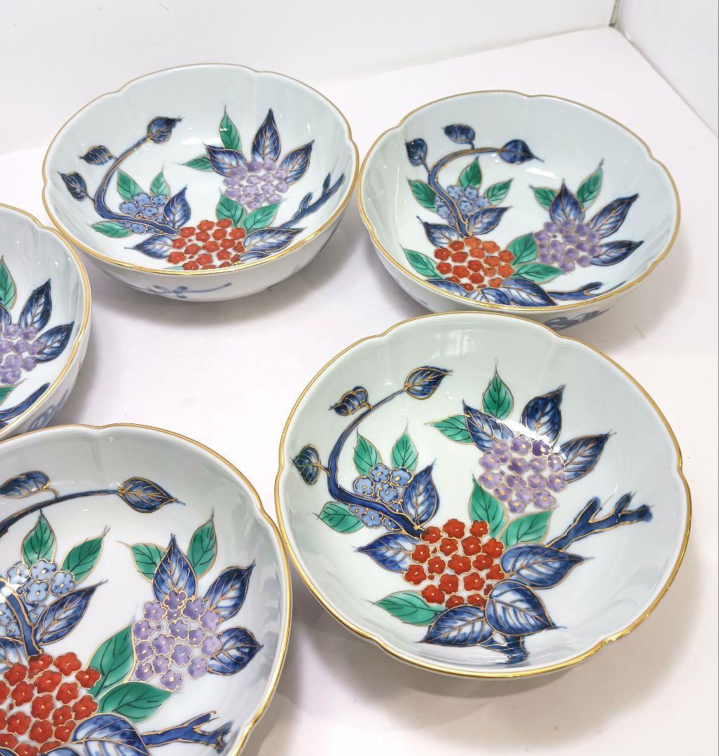 Y3311-3 大明年製 染錦紫陽花文輪花絵鉢 5枚セット 共箱