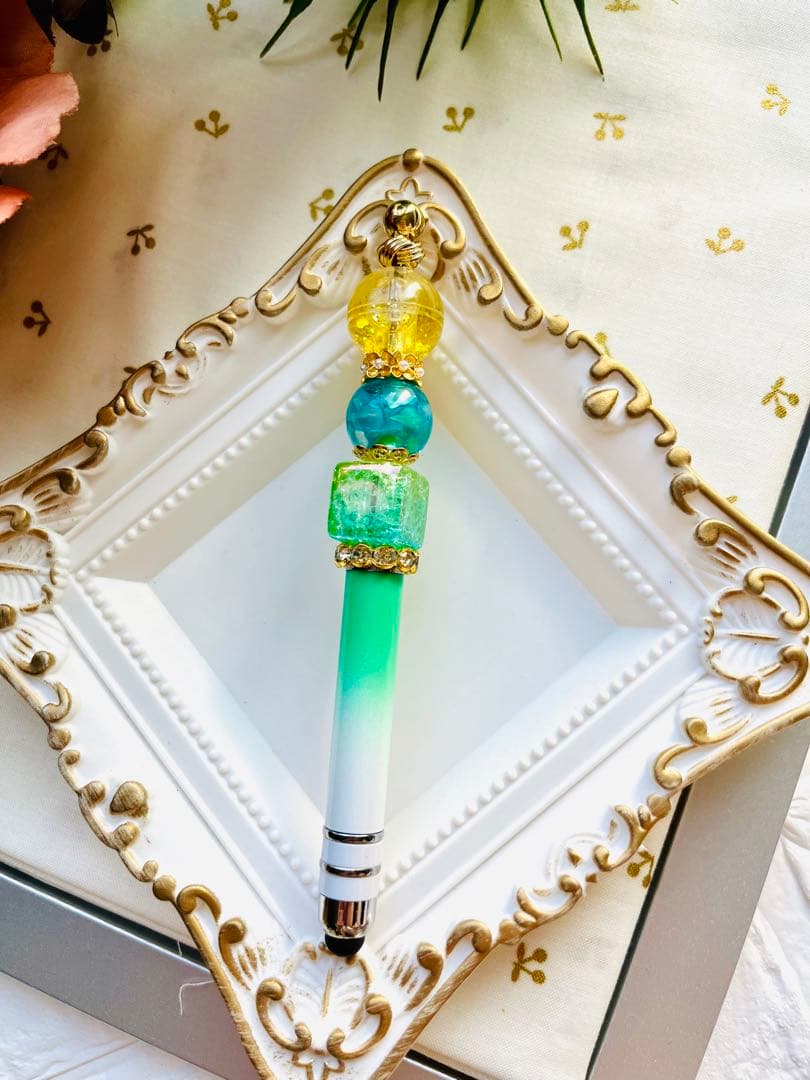 NO.384 カスタムボールペンandタッチペン　グリーン　ウォータービーズ