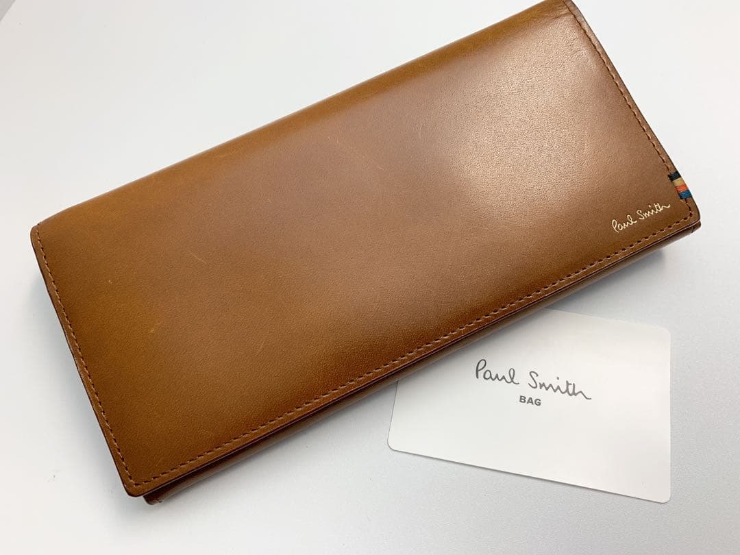【新品】ポールスミス かぶせ長財布 長財布 ストライプステッチタブ ブラウン