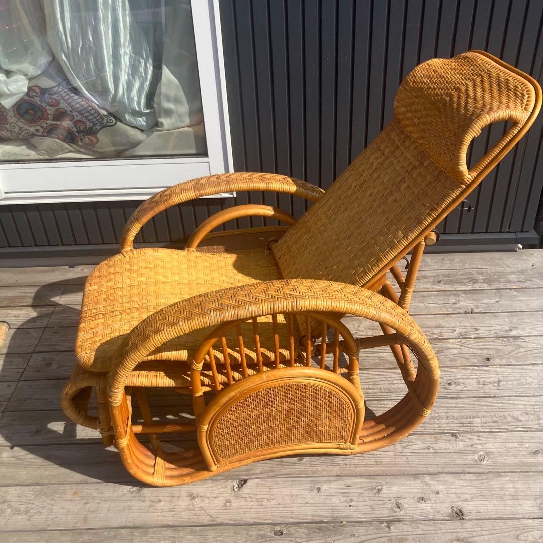 昭和レトロ ラタンリクライニングチェア オットマン付き 1人掛けソファー 古家具