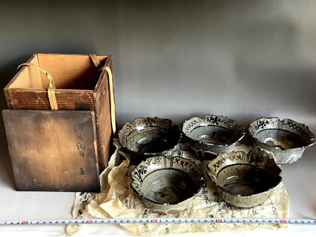 鉢■古唐津向付 5客 粉引絵唐津 菖蒲 花形 割山椒 古美術 時代物 骨董品■