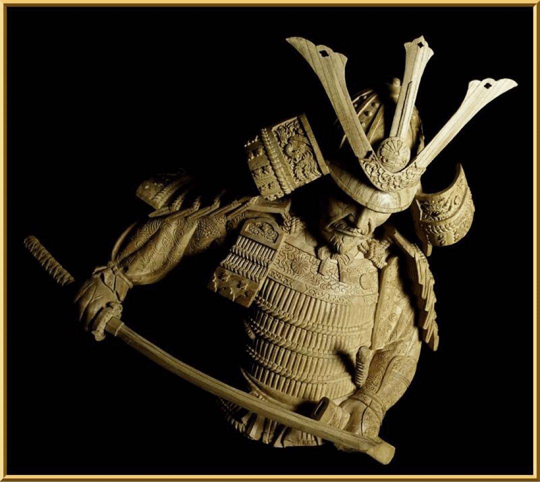 楠木正成像　SHOGUN 将軍　戦国時代　木彫作品　壁掛け　箱あり　サムライ