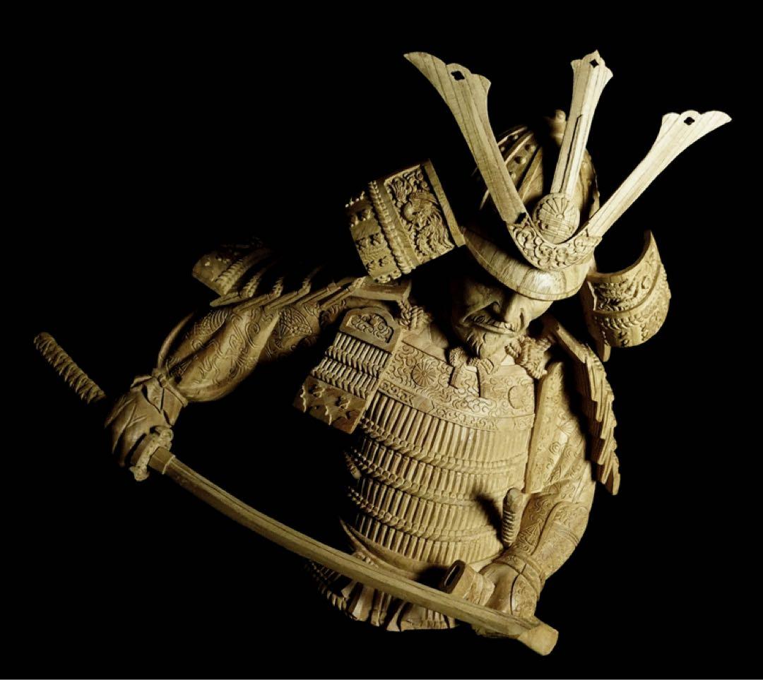 楠木正成像　SHOGUN 将軍　戦国時代　木彫作品　壁掛け　箱あり　サムライ