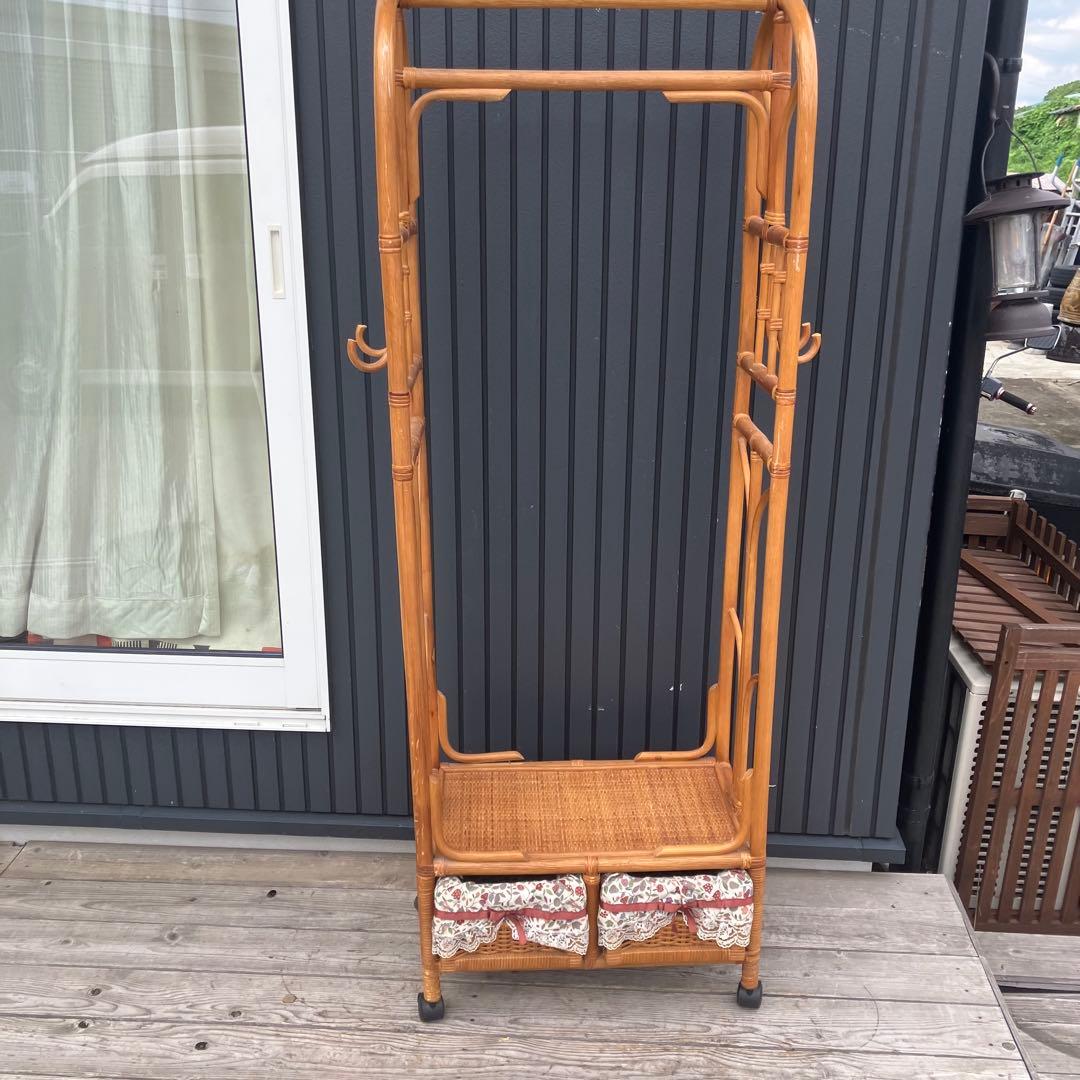 昭和レトロ アーチ型 ラタンハンガーラック 籐家具 花柄カバー付き 古家具