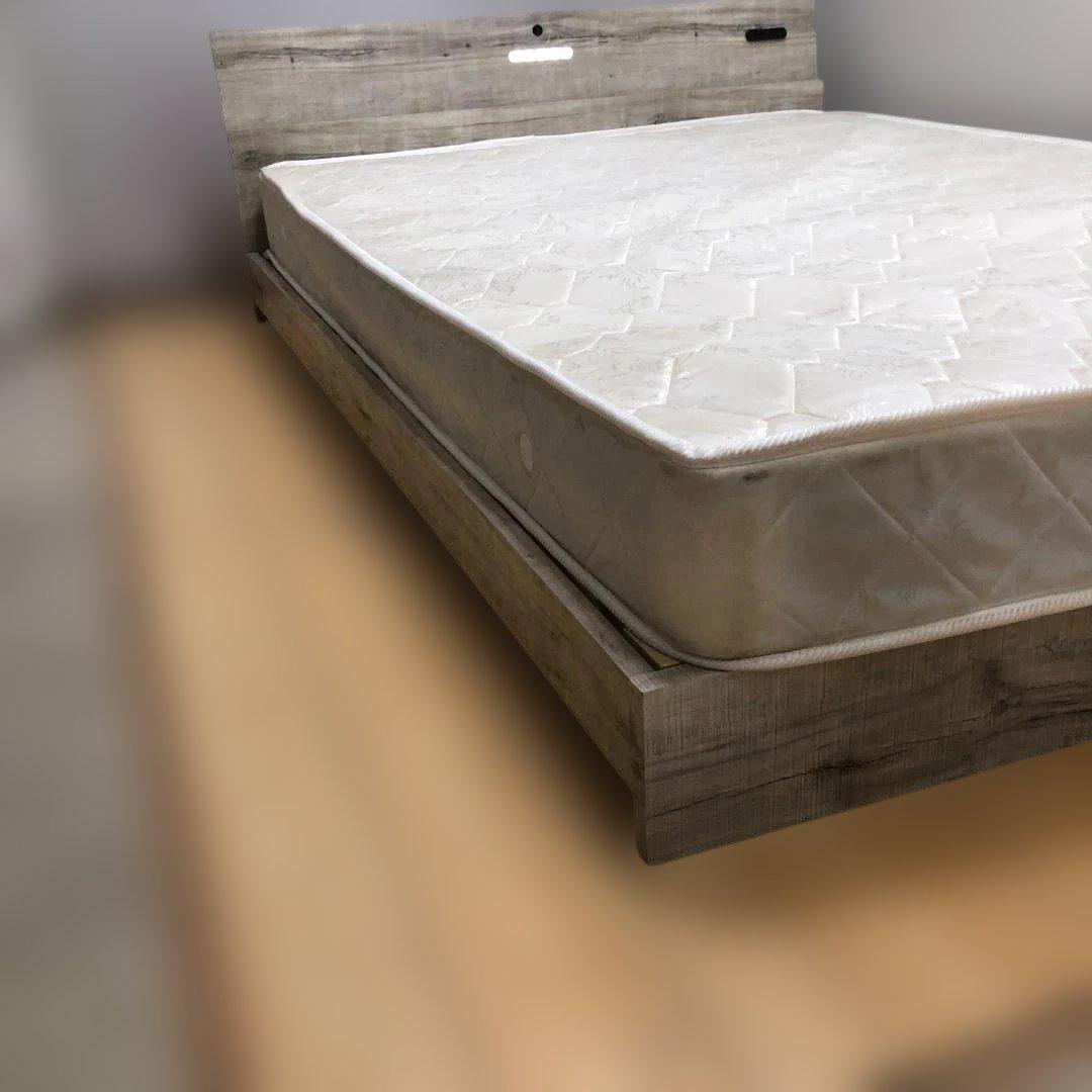 木目調 ダブルベッド 照明付き グレー系 おしゃれ 北欧風 250628-