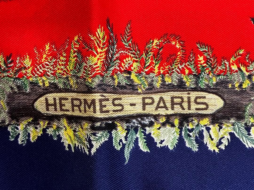 あ*き様 HERMES キノコ柄 スカーフ カレ90 エルメス　シルク　ネイビー
