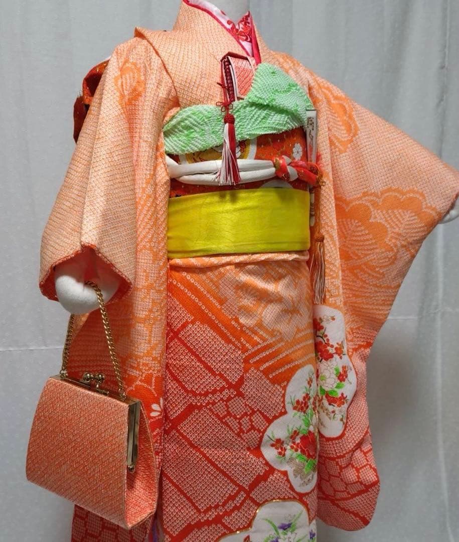 七五三　7歳　着物セット　豪華総絞り風柄　 長襦袢、袋帯、小物セット18ー11