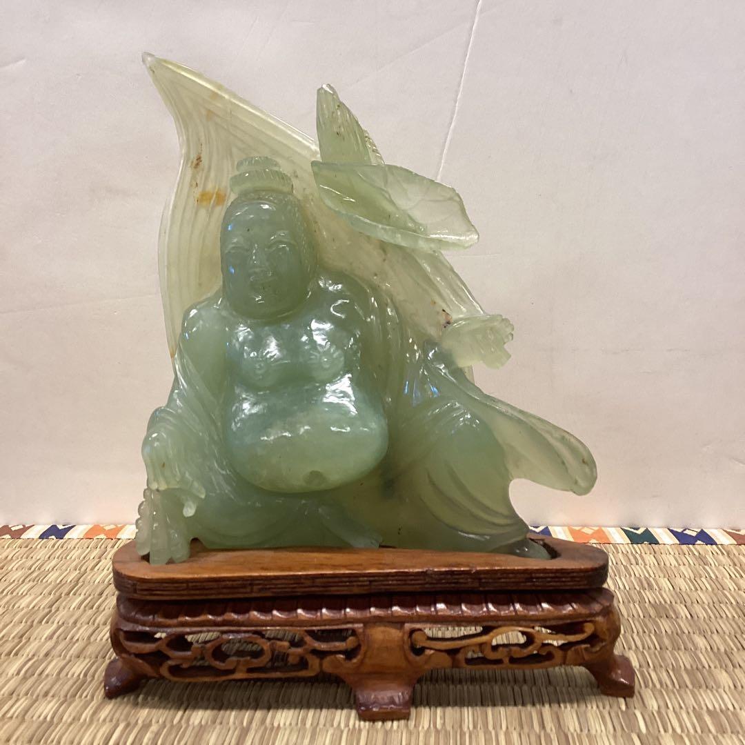 翡翠 置物 緑色 木製台座 約15cm