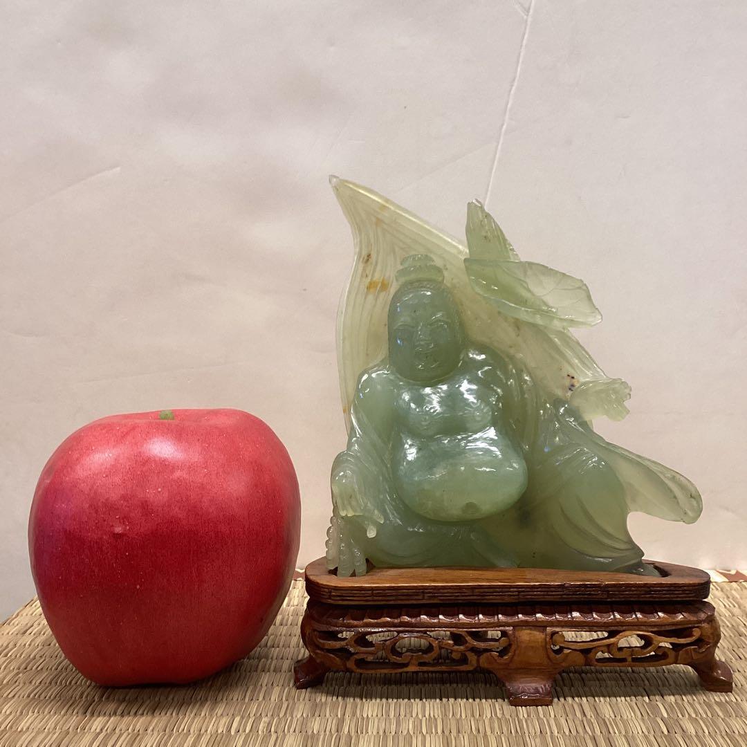 翡翠 置物 緑色 木製台座 約15cm