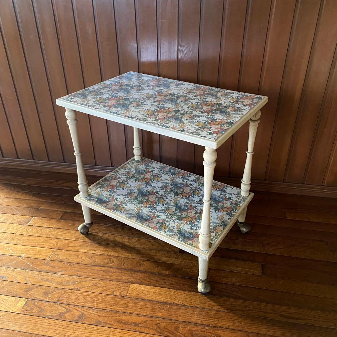 昭和レトロ　花柄　キッチンワゴン　木製ワゴン　当時物