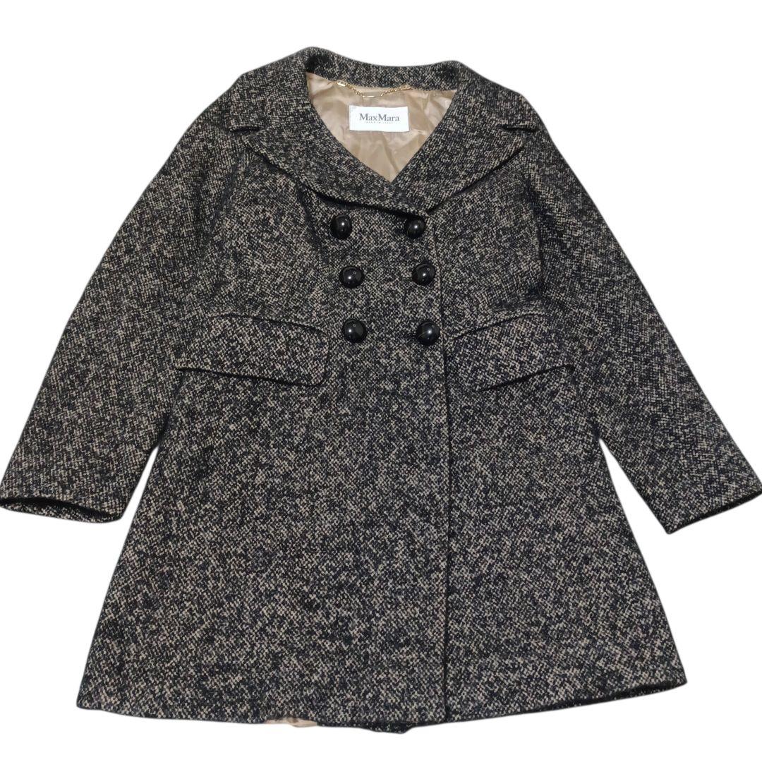 ✨Max Mara 白タグ ツイード アルパカ 絹 黒水晶ボタン ロングコート