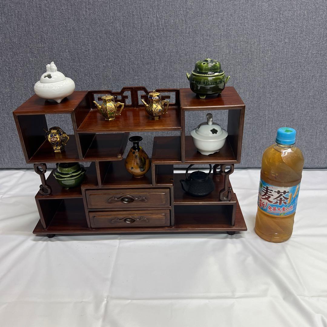 ミニ違い棚　置物　飾り棚　和風　レトロ木製　ミニ香炉　ミニ置物　セット