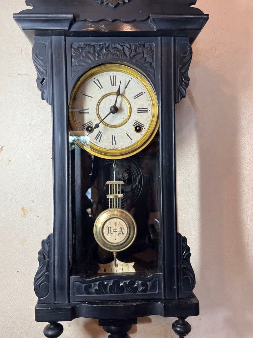 ミニチュア　黒塗スリゲル　柱時計　古時計　振り子　精工舎　ユンハンス　ゼンマイ
