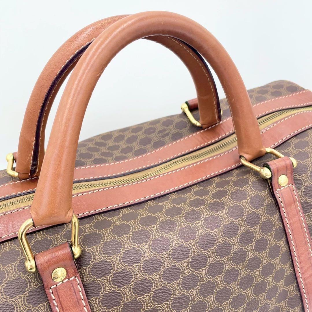 【美品】CELINEマカダム柄 ボストンバッグ PVC×レザー ダークブラウン