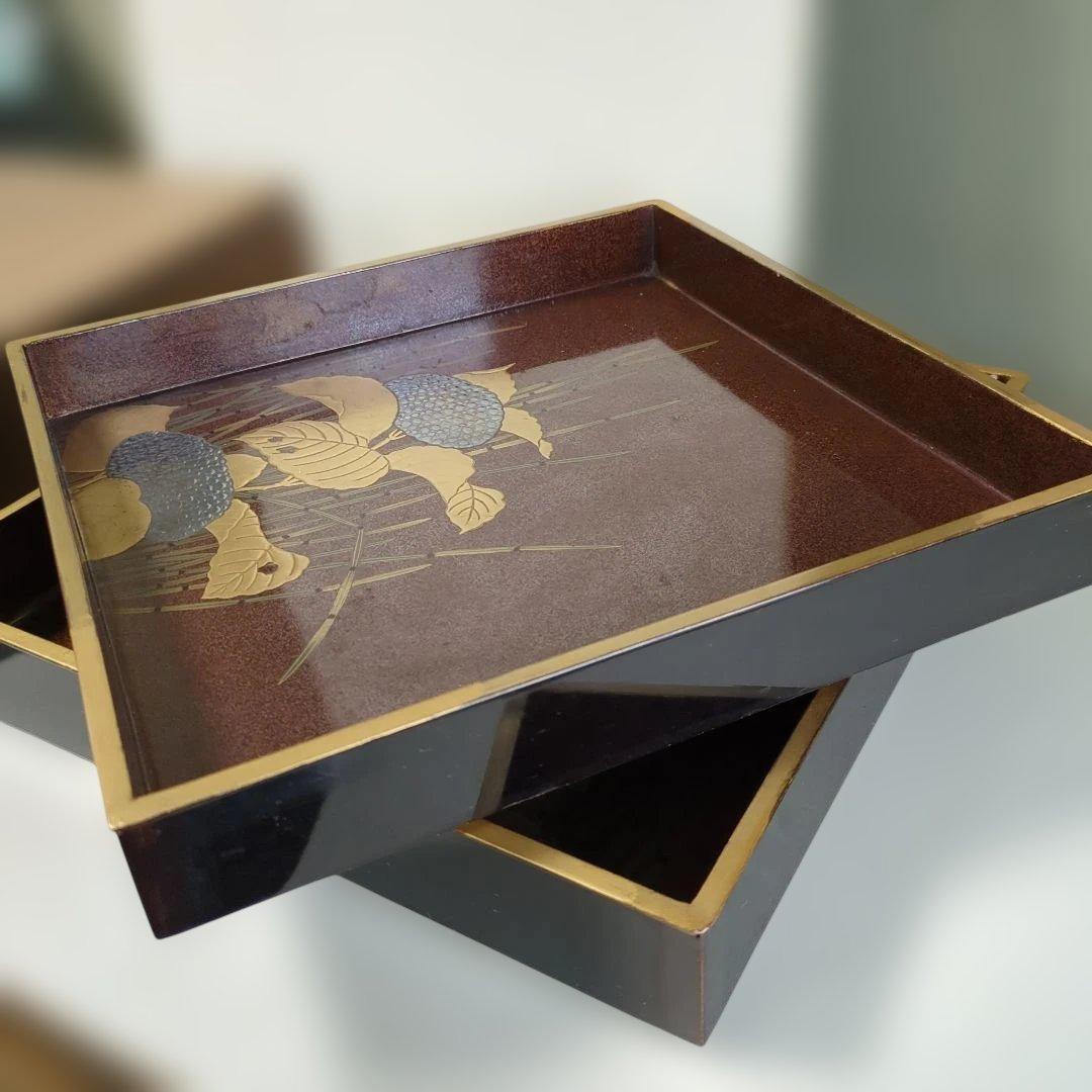 骨董　硯箱　蒔絵　紫陽花　大小　2枚組　木箱　木製　漆器