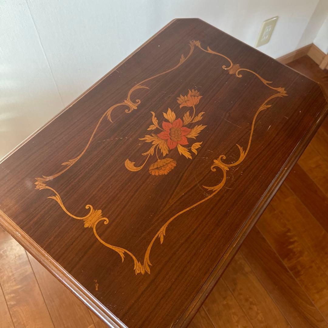 象嵌♦︎木製花柄装飾2段サイドテーブル♦︎電話FAX台♦︎コンソールテーブル