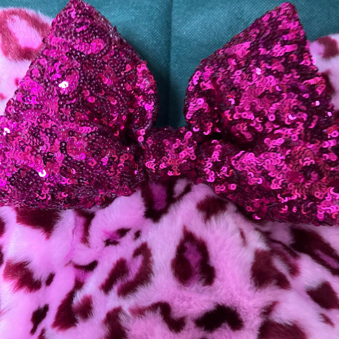 ディズニー　ミニー　ファンキャップ　ピンク　ヒョウ柄　スパンコール　リボン　帽子