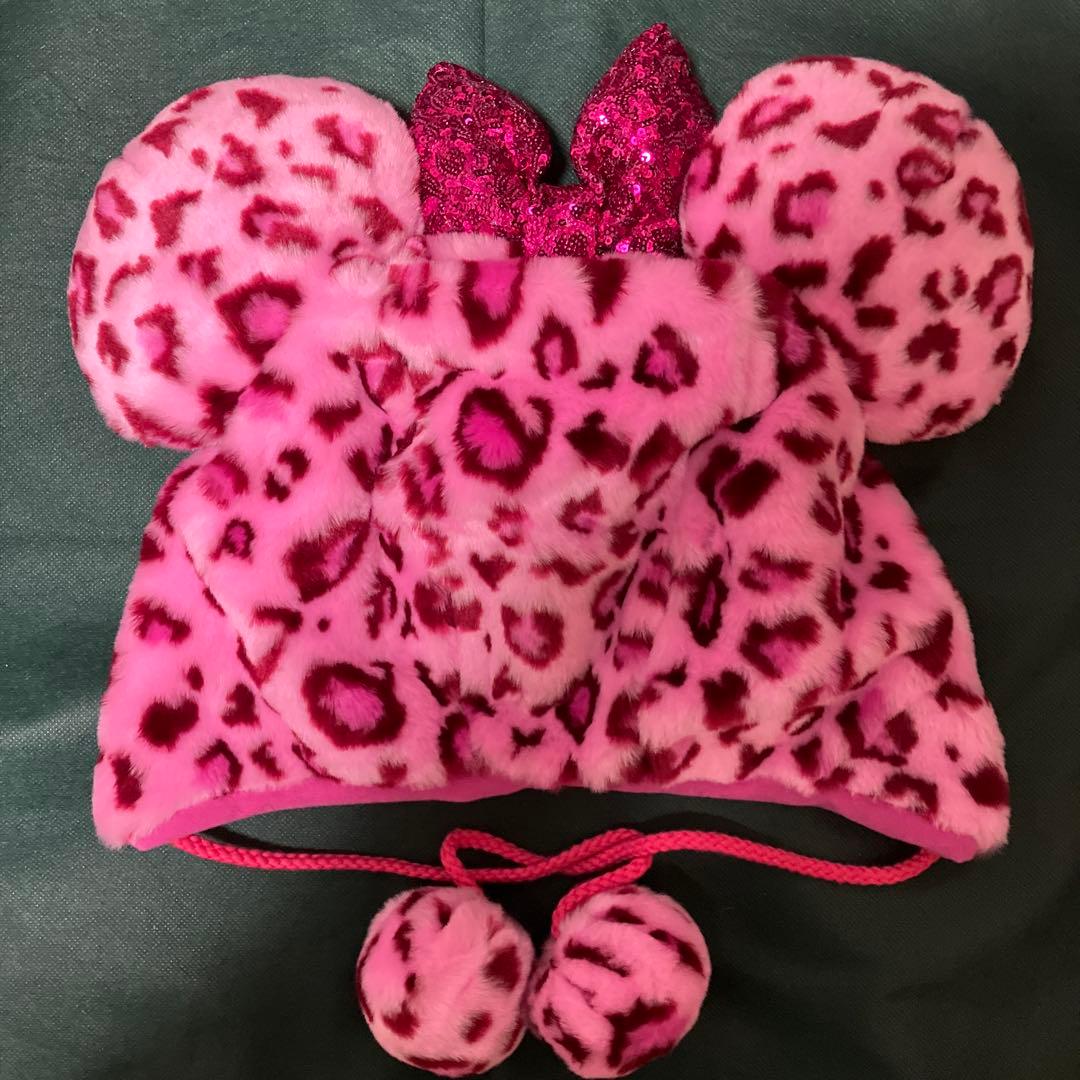 ディズニー　ミニー　ファンキャップ　ピンク　ヒョウ柄　スパンコール　リボン　帽子