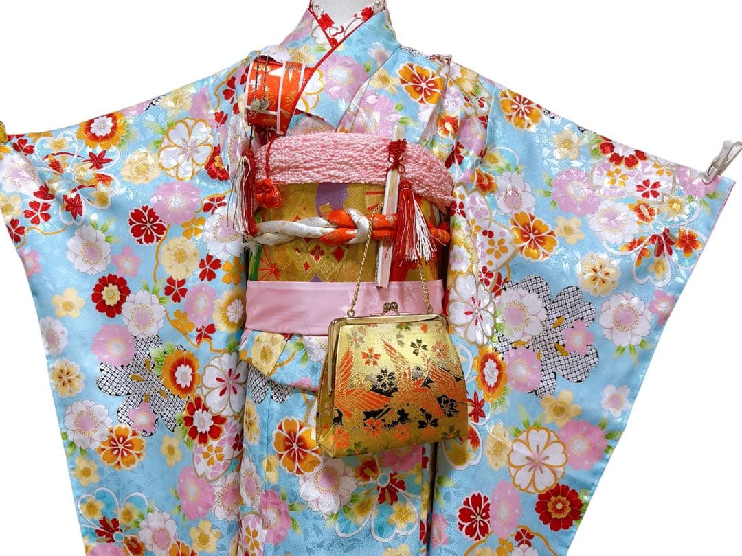 人気の水色♡七五三　7歳　フルセット　一式　総柄　ゴールド