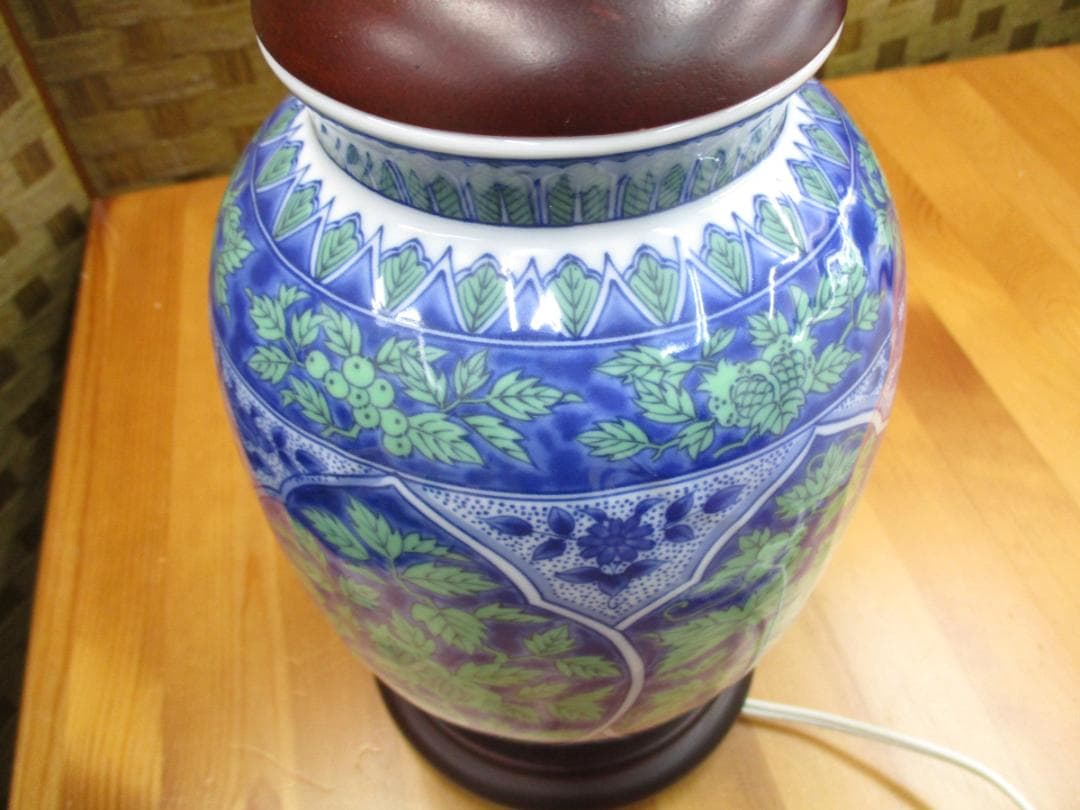 ★ 青華緑彩 陶器 木製 電気 スタンド ランプ 照明 ライト 電球 大型 花柄