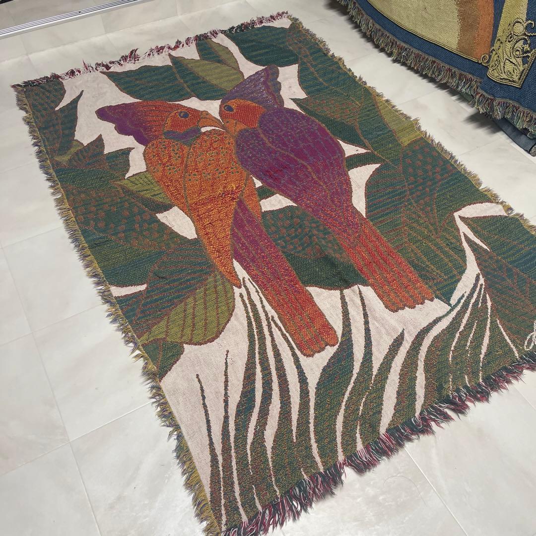 鳥　マルチカバー　ソファーカバー　ヴィンテージラグ　170x116