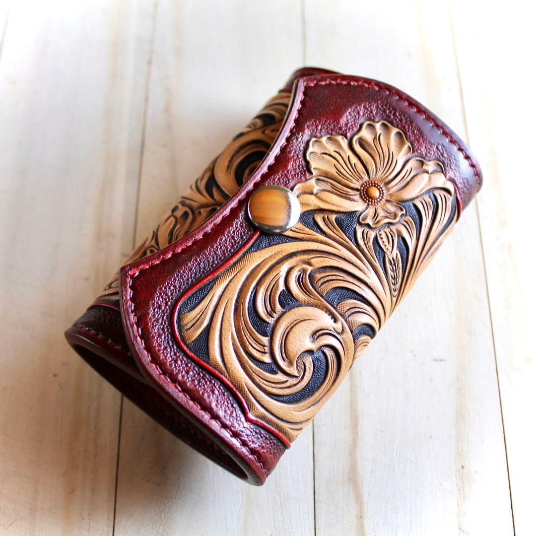 (受注制作)キーケース【カービング/ダークレッド染色】