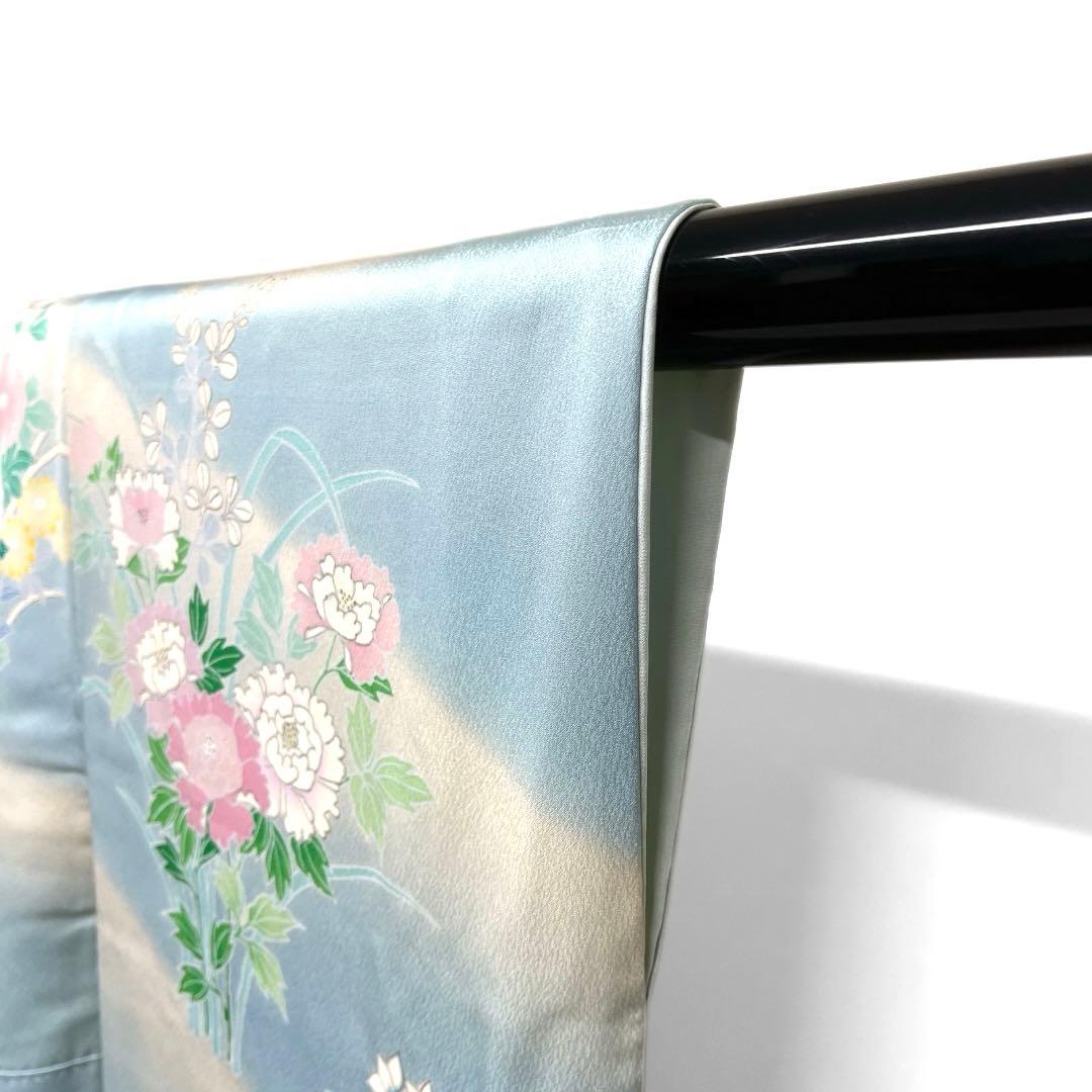 振袖　金駒刺繍　金彩　菊花　牡丹　ライトブルー　成人式　着物　101b d