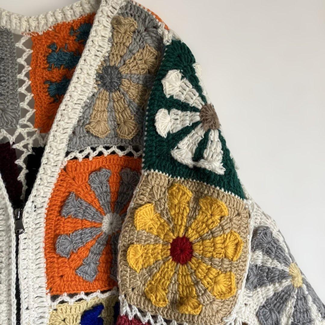 マクマホンニッティングミルズ クロシェ編み Vネック ウール カーディガン