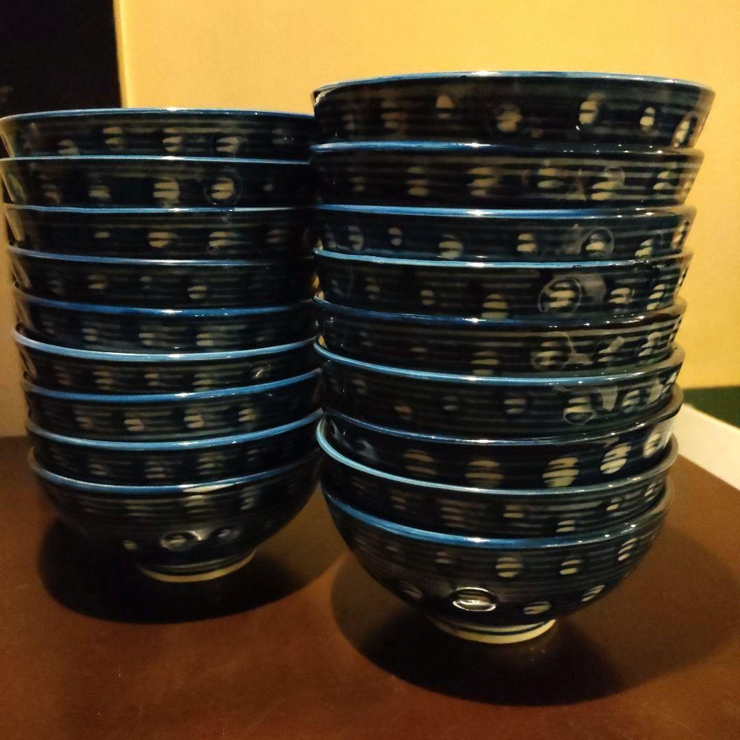 青い水玉模様の丼 18個セット