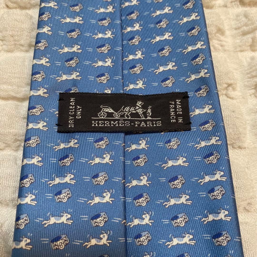 【美品】HERMES 犬柄 ネクタイ ブルー