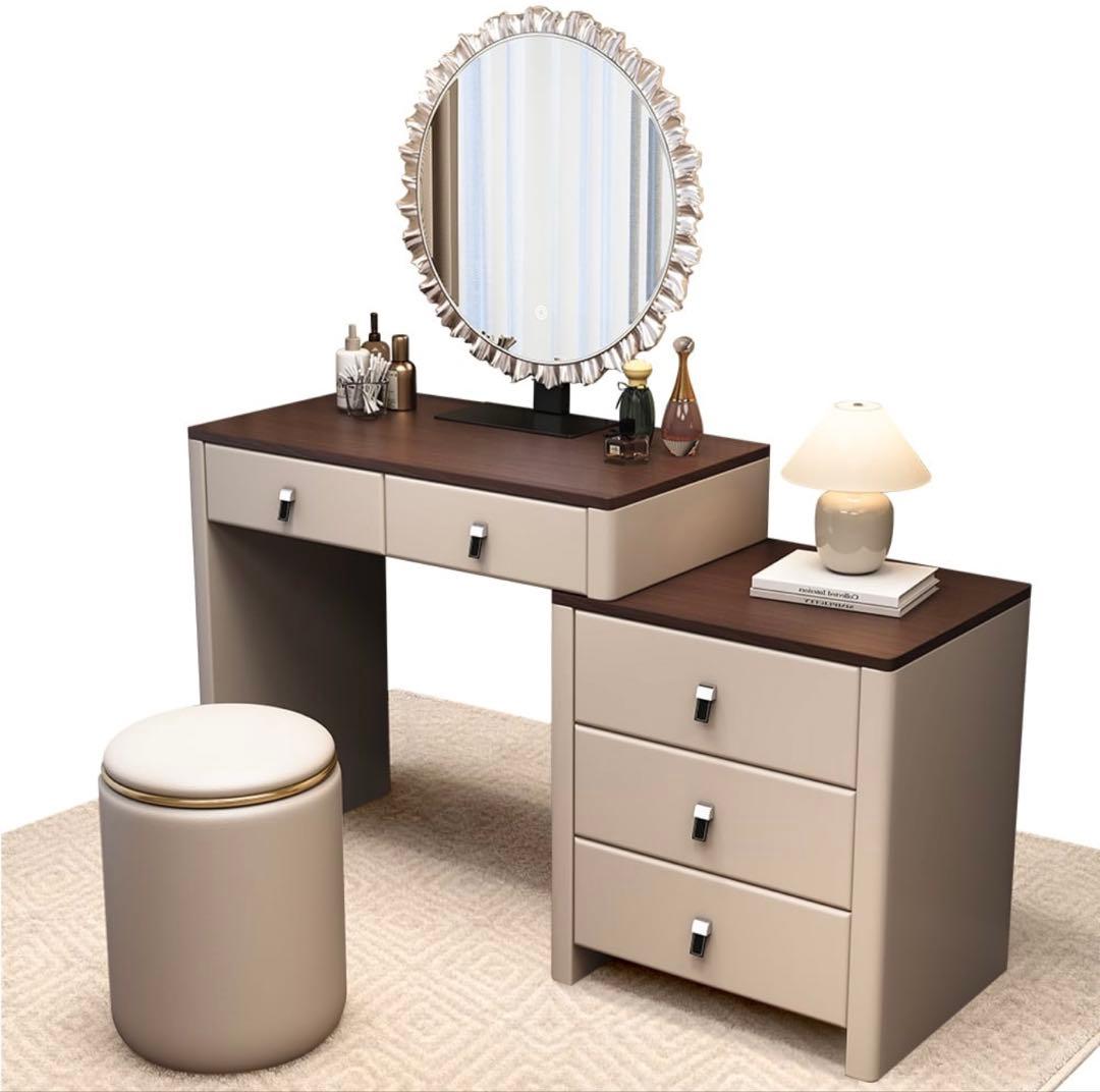 鏡台 ドレッサー おしゃれ 北欧風｜LEDライト付きミラー＆スツールセット伸縮式