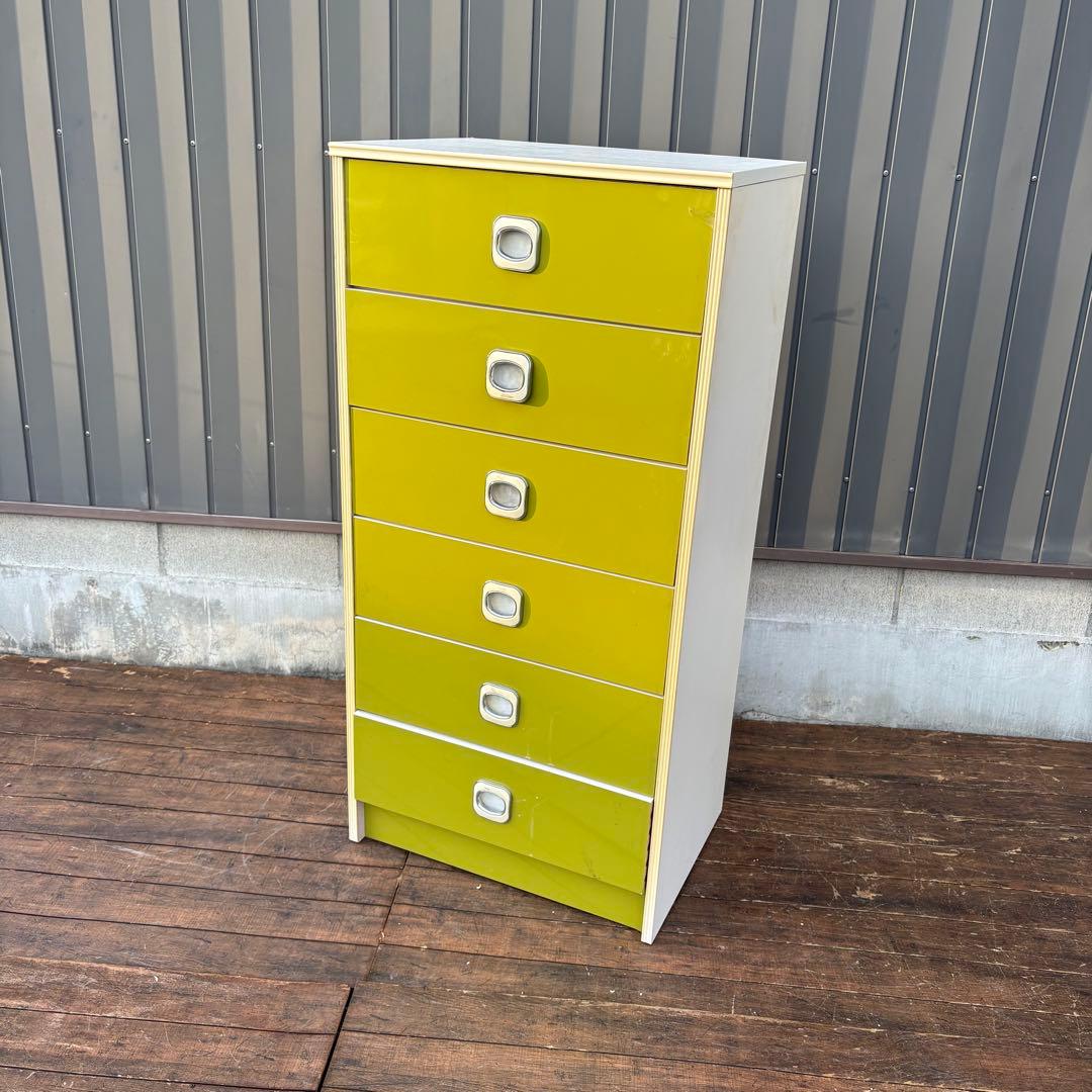 昭和レトロ レトロポップ 木製チェスト 丸型取っ手金具 6段 オリーブグリーン