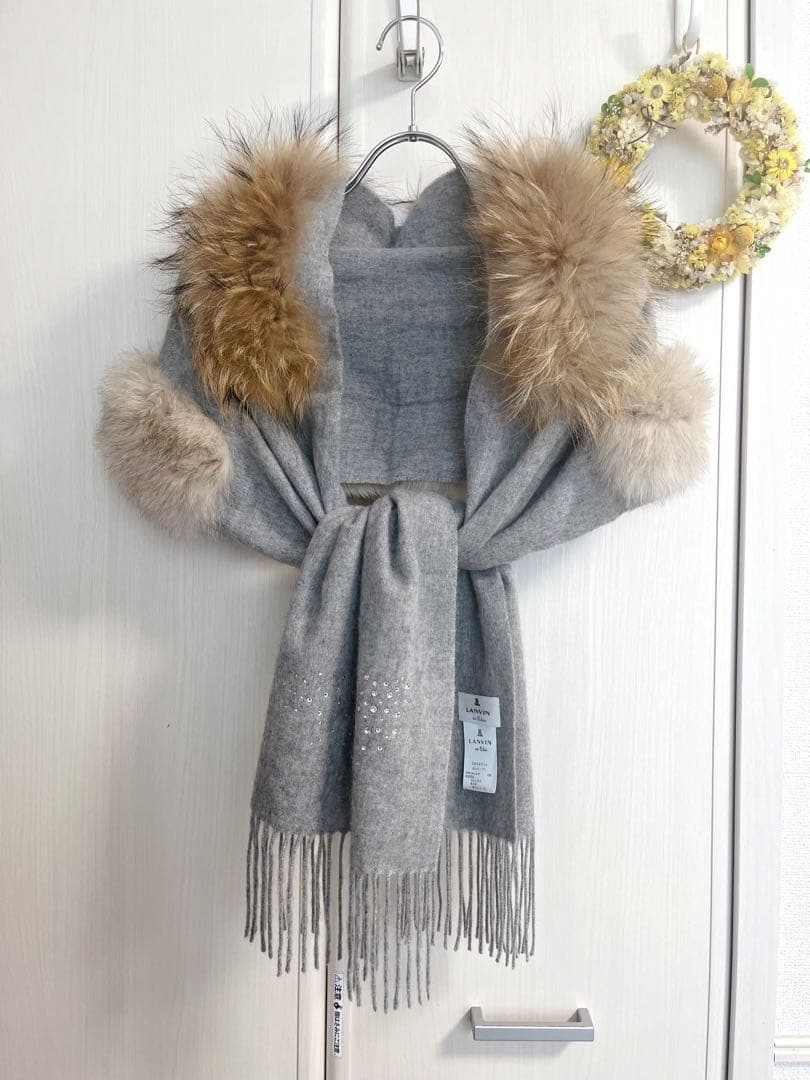 ランバンオンブルー フォックス＆タヌキファー×カシミヤ100%ビジュー付マフラー