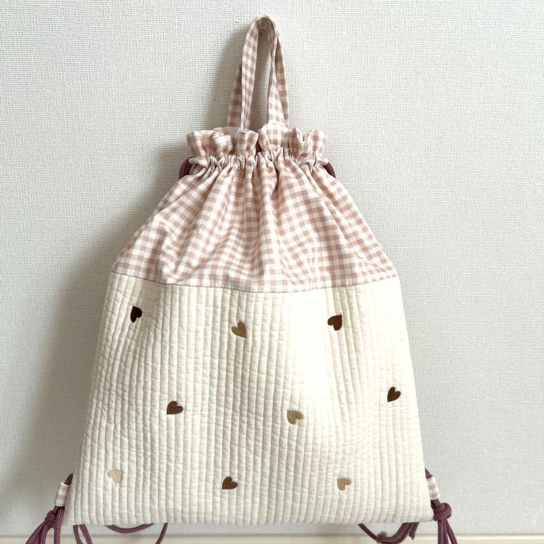 入園入学3点セット　【白地ベージュハートヌビ×くすみピンク】　3点セット　女の子