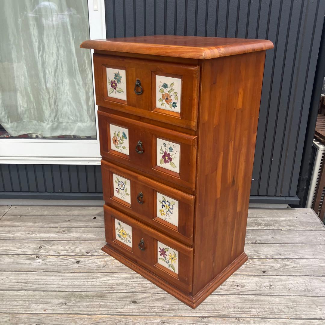 北欧レトロ 花柄タイル張り 木製チェスト 4段タンス カントリー 古家具