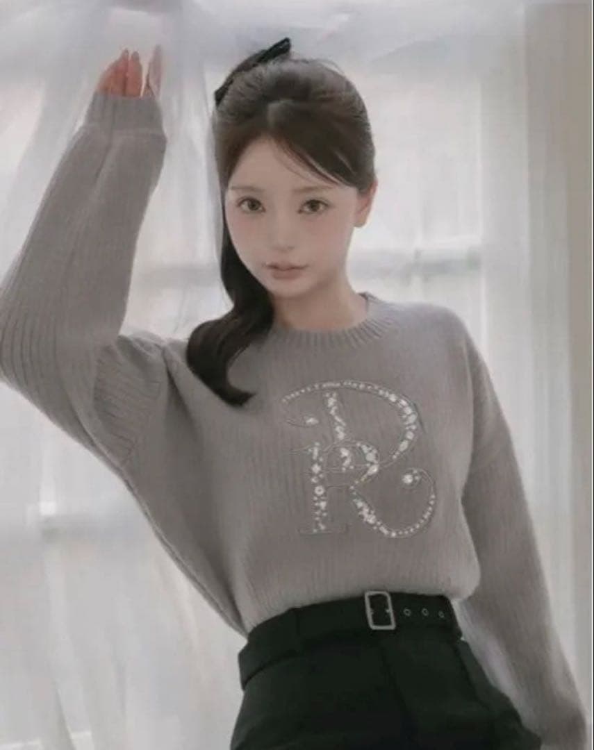 ✨ ダーリッチ DRビジューボリュームリブニットトップ グレー