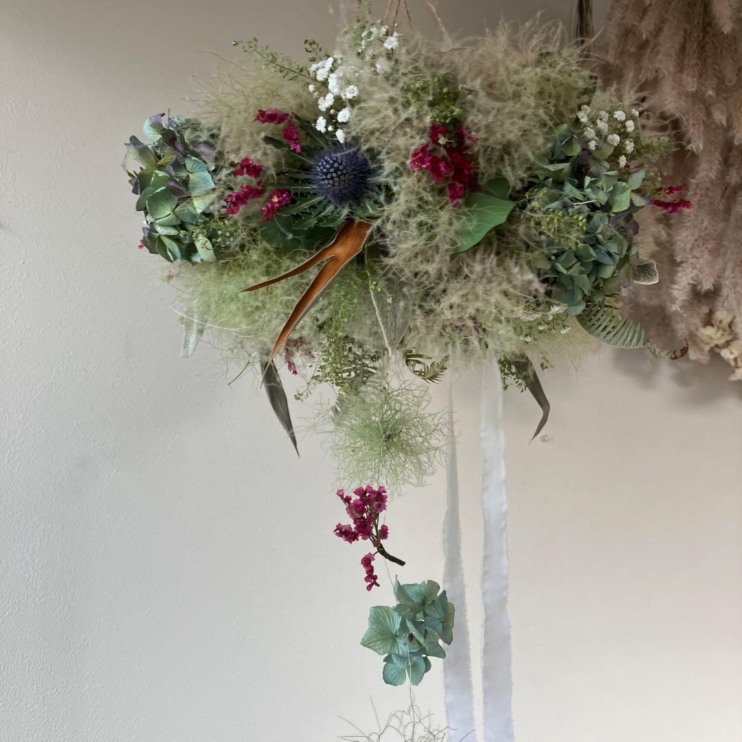 スモークツリー とアンティーク紫陽花　エリンジウムのフライングリース　グレビレア