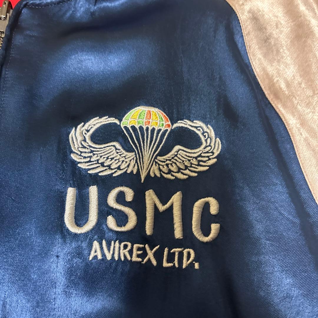 AVIREX スカジャン USMC 刺繍 ベロア調 ネイビー×レッド XLサイズ