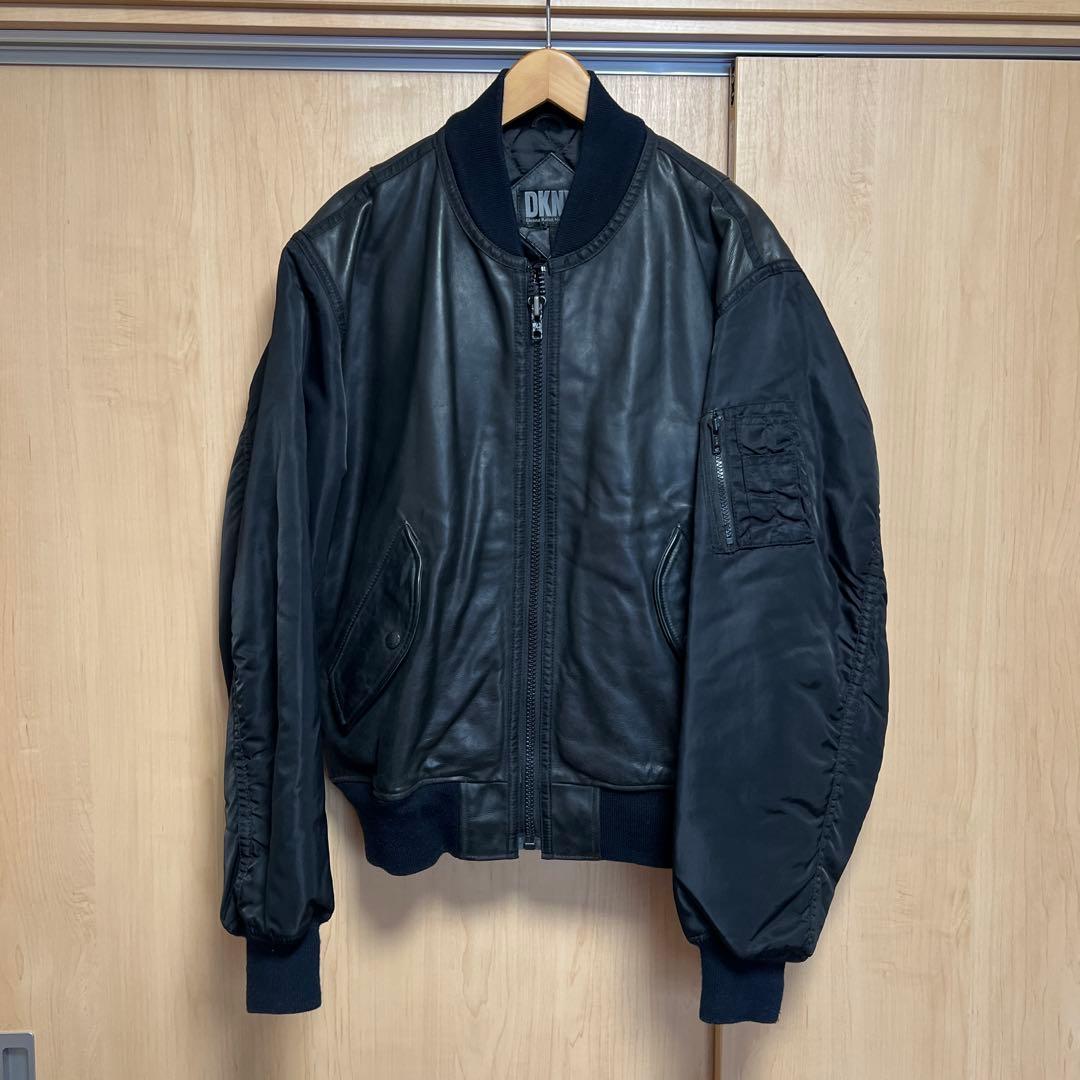 90s DKNY レザー × ナイロン MA-1 ボンバージャケット ビンテージ