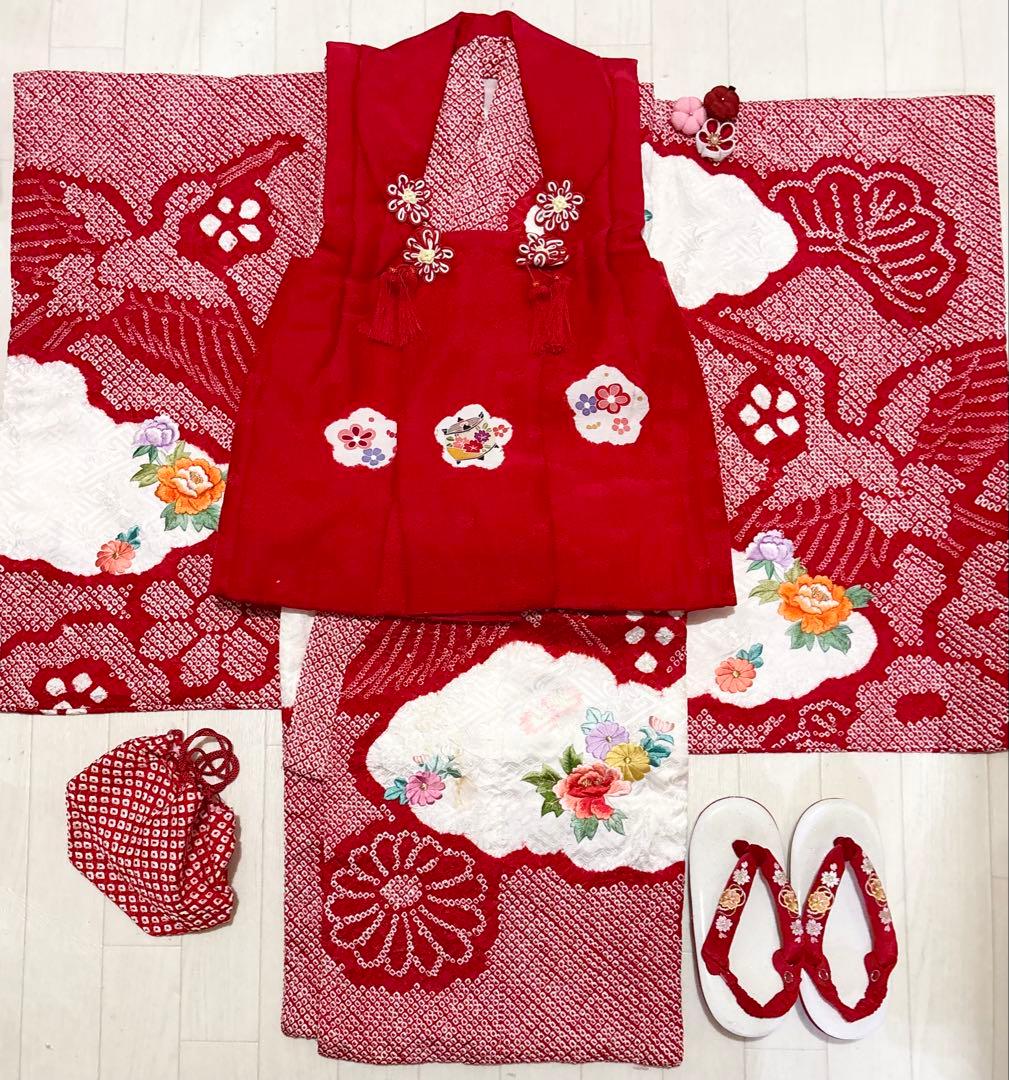 鶴　総絞り　正絹　七五三　３歳　被布　フルセット　一つ身