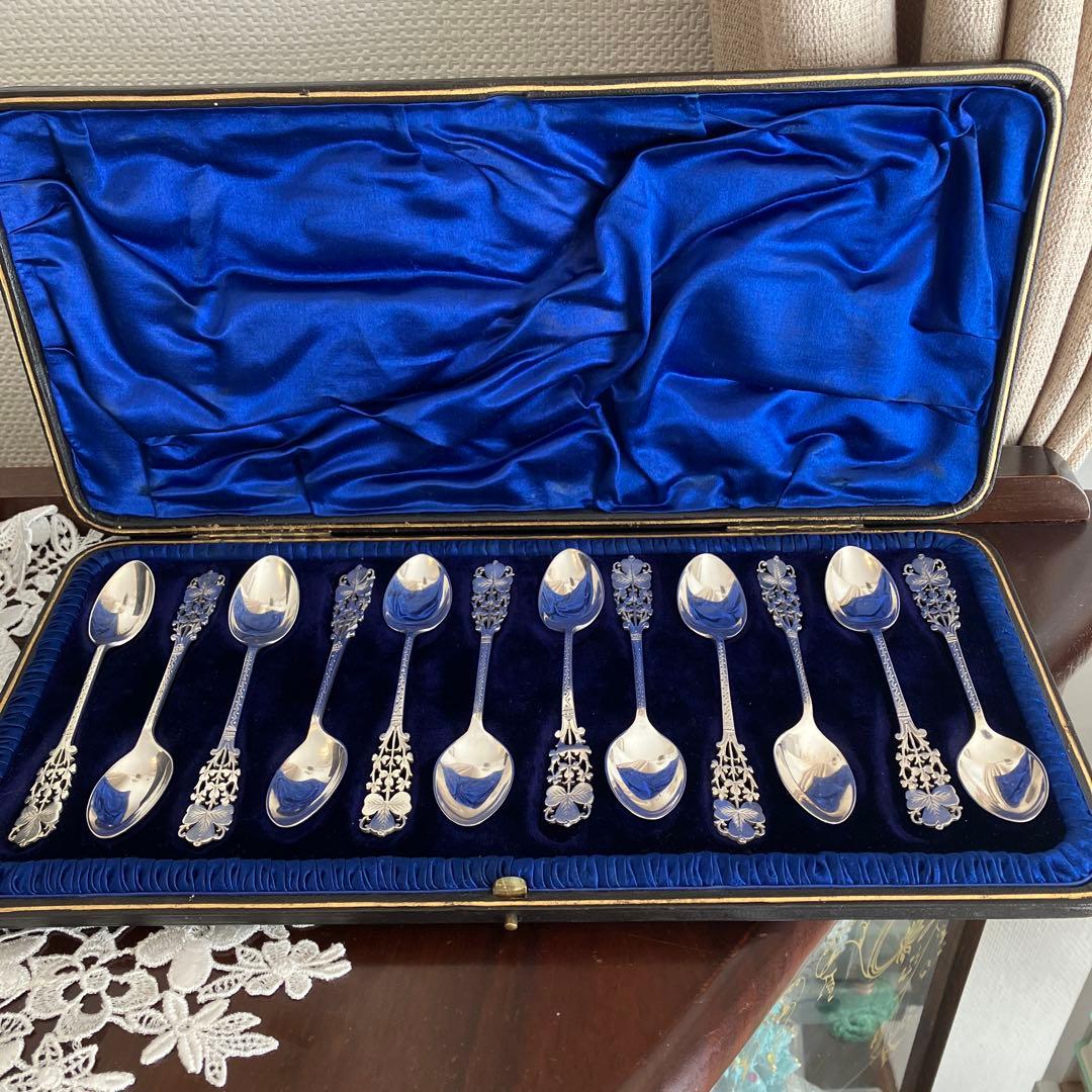 英国アンティーク　純銀　バーナード　クローバーピアススプーンセット12本