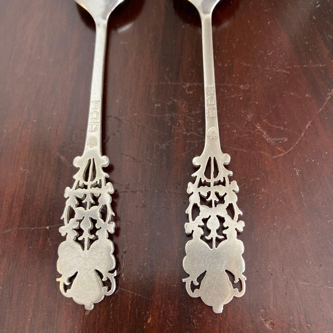 英国アンティーク　純銀　バーナード　クローバーピアススプーンセット12本